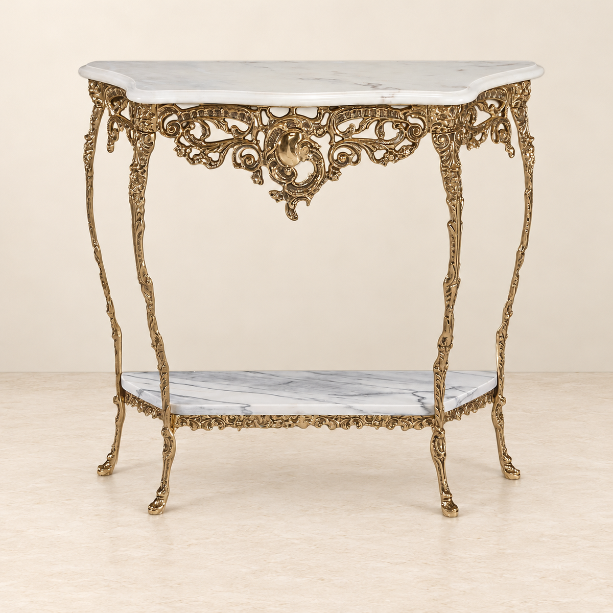 Golden Console Table with Two Marble Surfaces