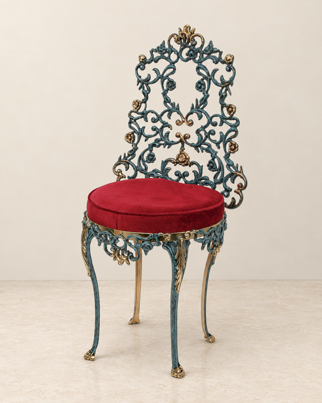 Floral Openwork Chair with Red Upholstery — ivory wall and cream marble setting.