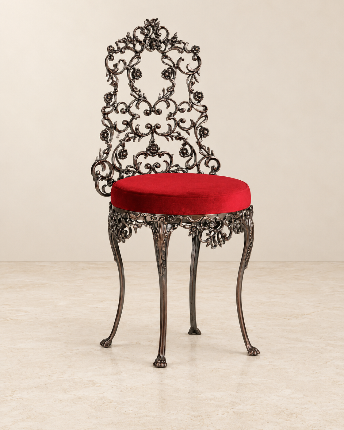 Floral Openwork Chair with Red Upholstered Seat