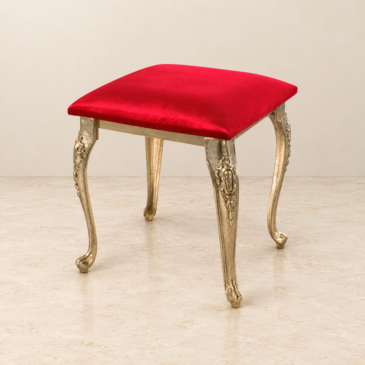 Red Upholstered Stool with Golden Cabriole Legs