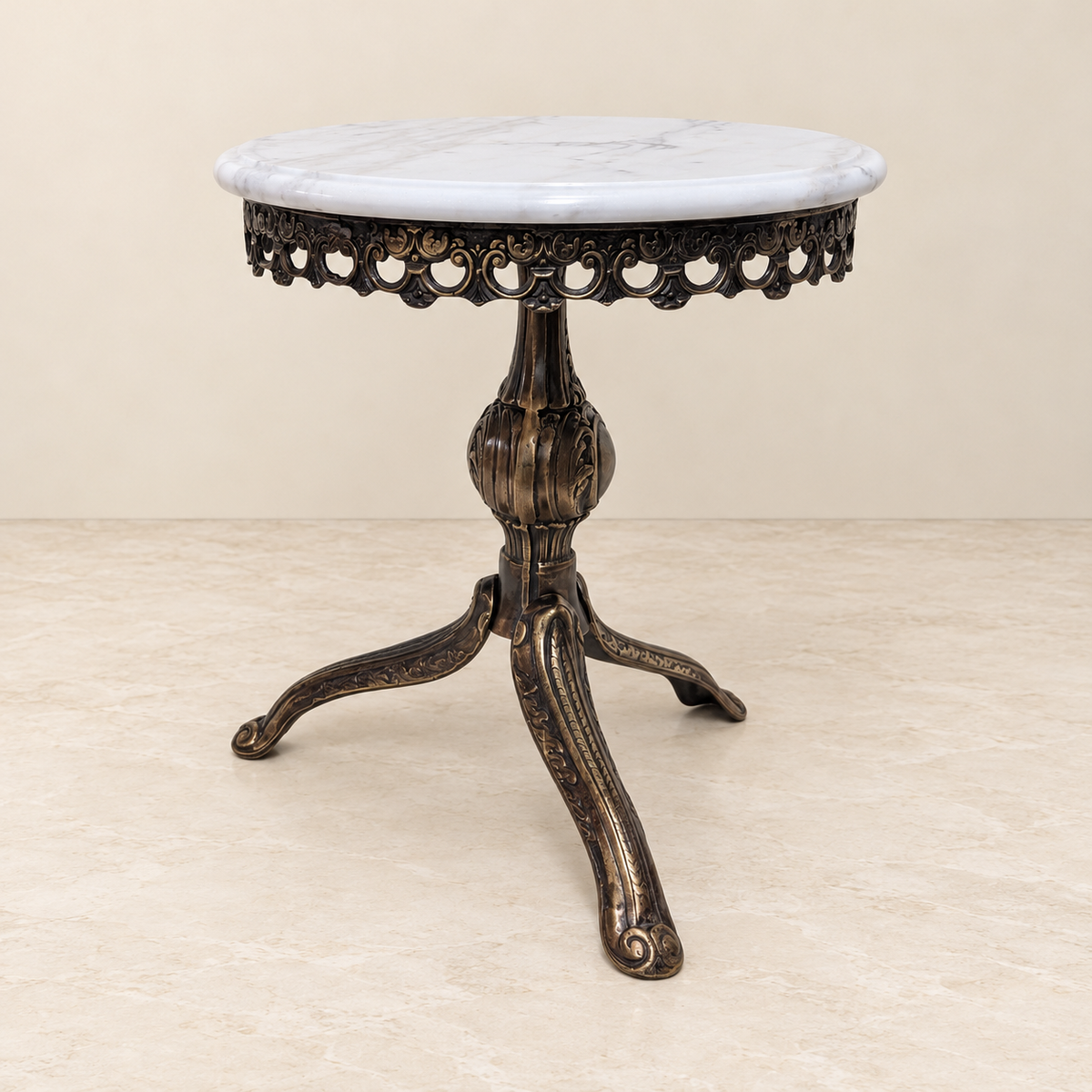 Round Side Table with Ornate Pedestal and Pale Veined Top