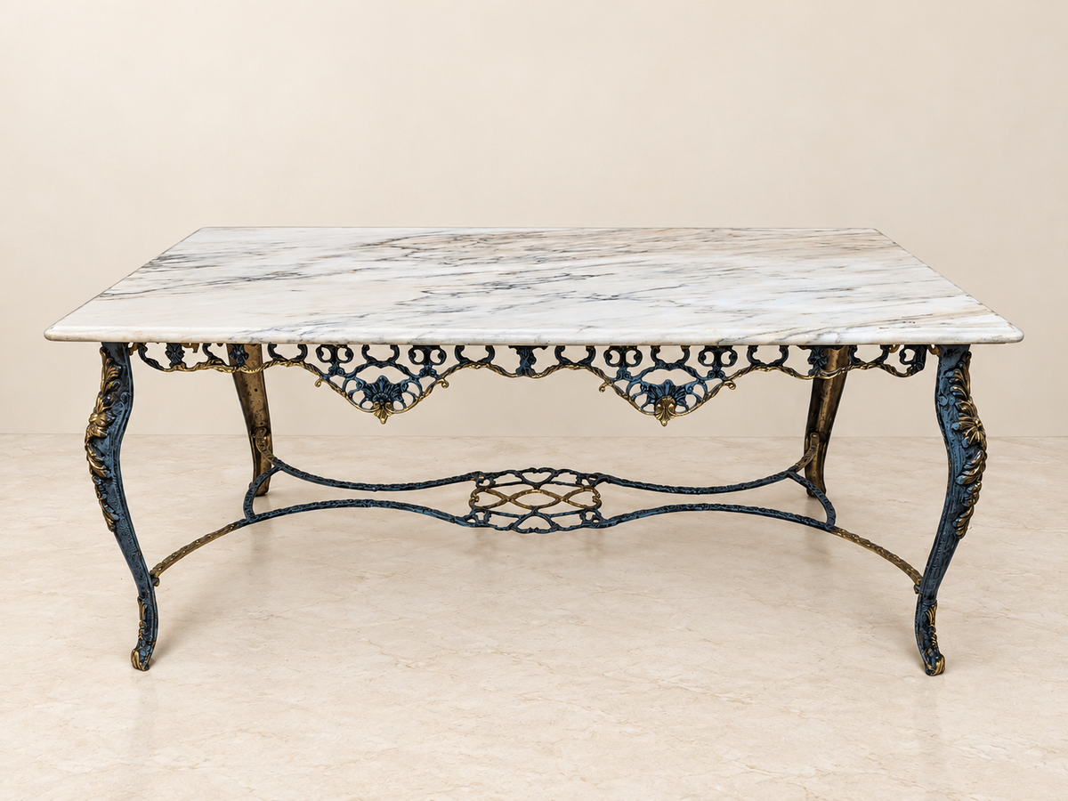 Rectangular Coffee Table with Blue and Gold Openwork Frame