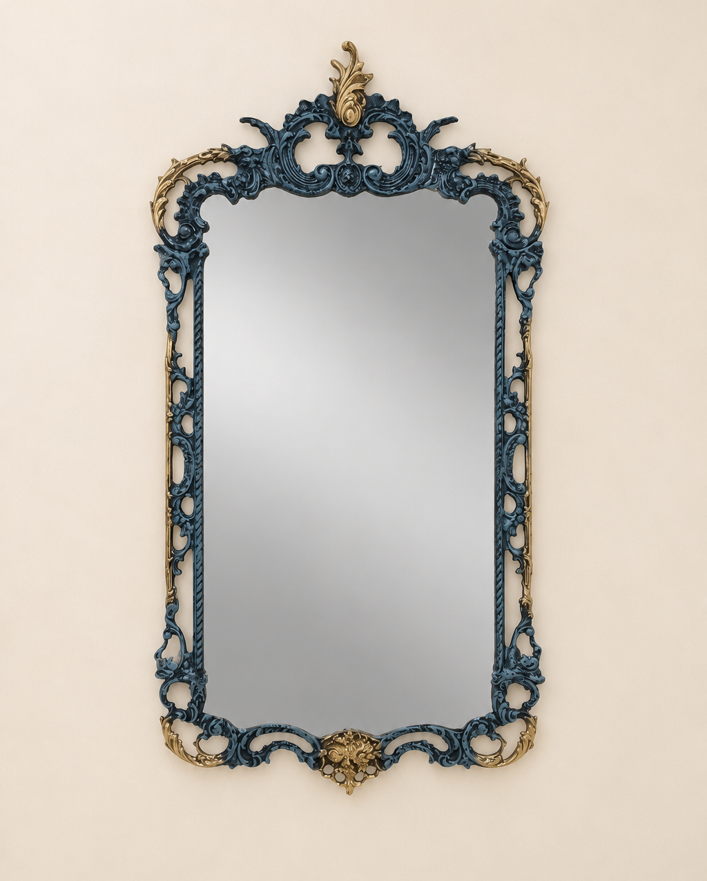 Blue and Gold Wall Mirror with Pierced Scroll Frame