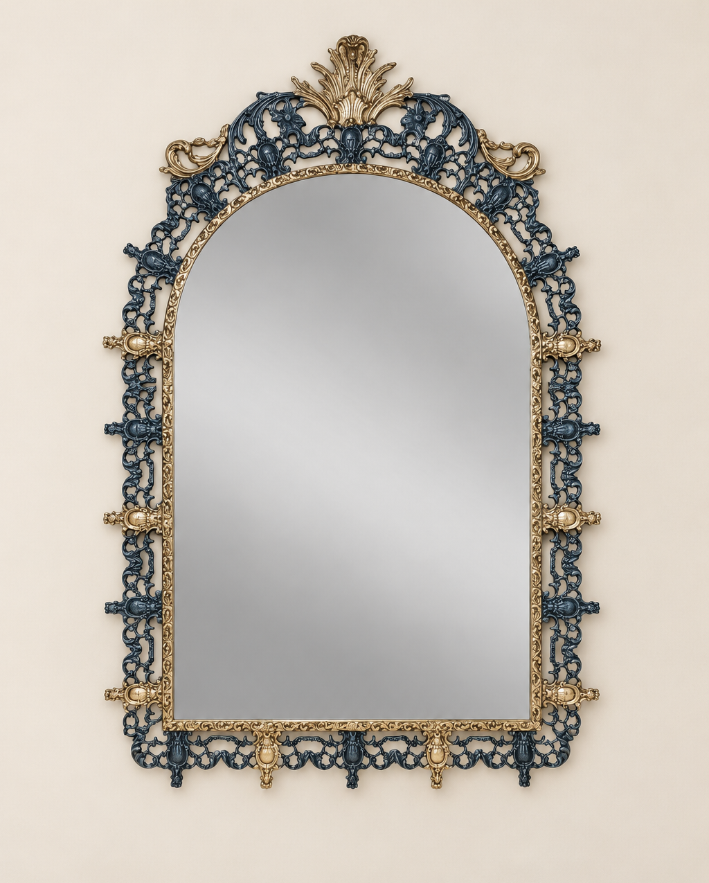 Arched Wall Mirror with Blue Openwork Frame and Golden Palmette