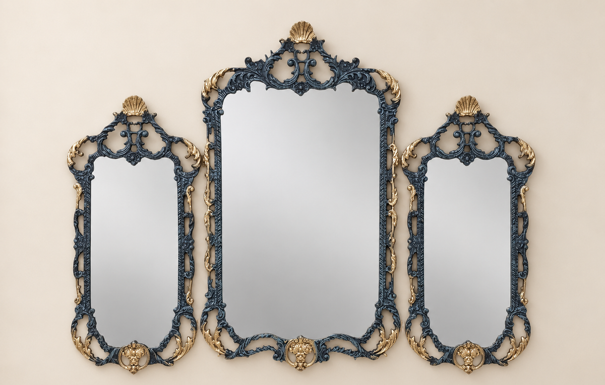 Blue and Gold Triptych Mirror with Shell Crests