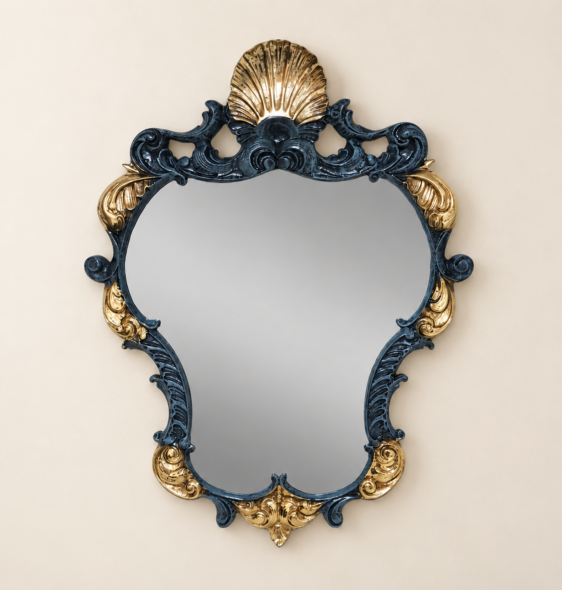 Blue and Gold Wall Mirror with Scallop Shell Crest