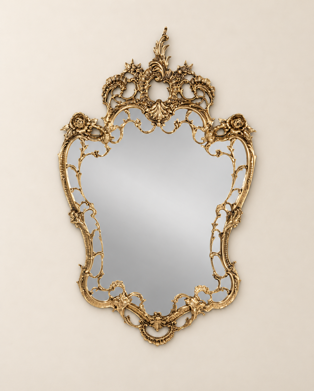 Golden Wall Mirror with Rose Shoulders and Leaf Crest