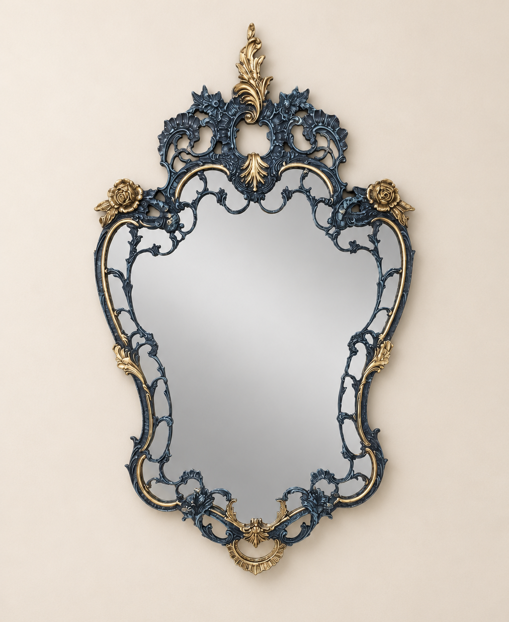 Blue and Gold Wall Mirror with Roses and Leaf Crest