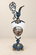 Tall Decorative Ewer with Figural Medallion and Blue Finish