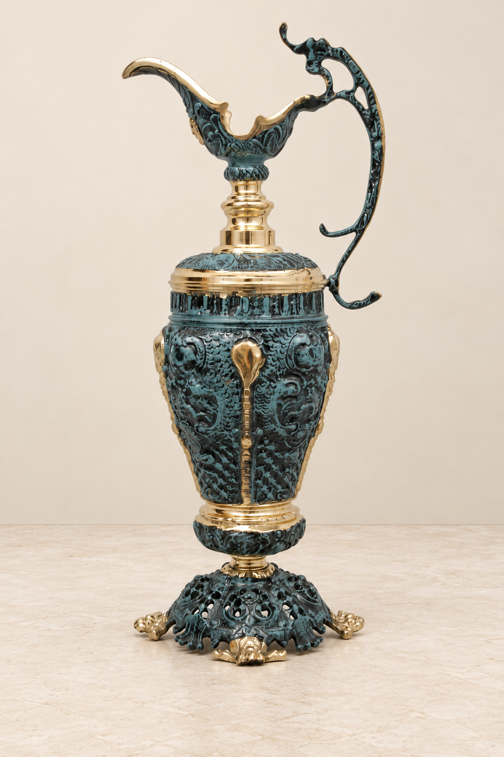 Large Decorative Ewer with Blue Patina and Gold-Tone Details