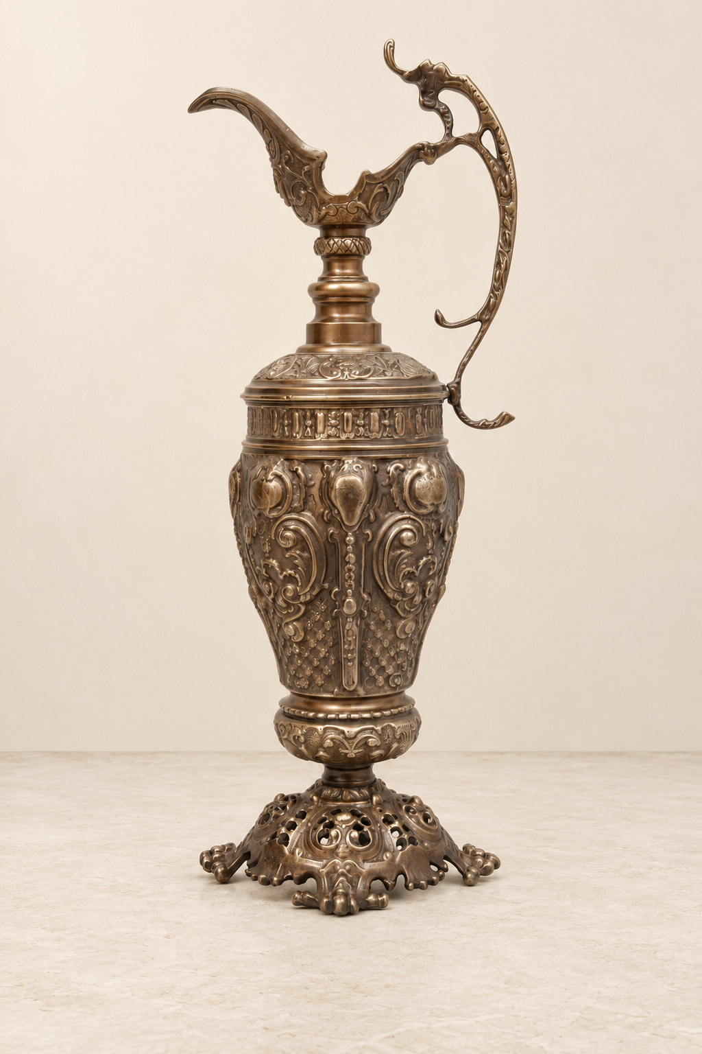 Large Decorative Ewer with Antiqued Brown Finish