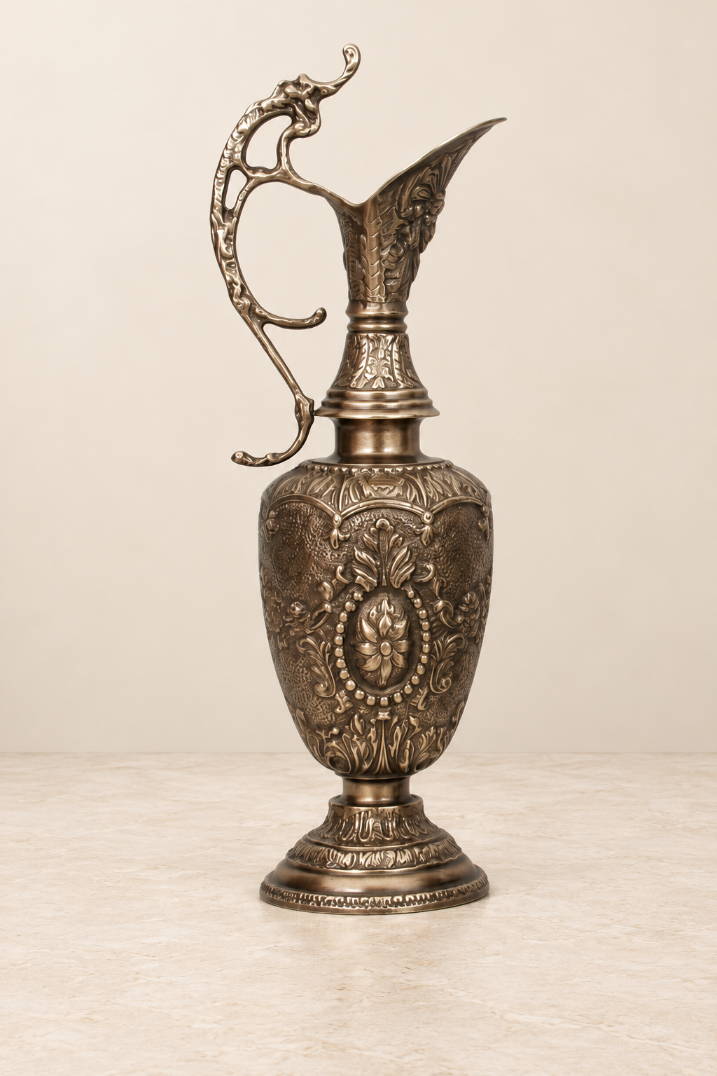 Antiqued Brown Decorative Ewer with Floral Medallion