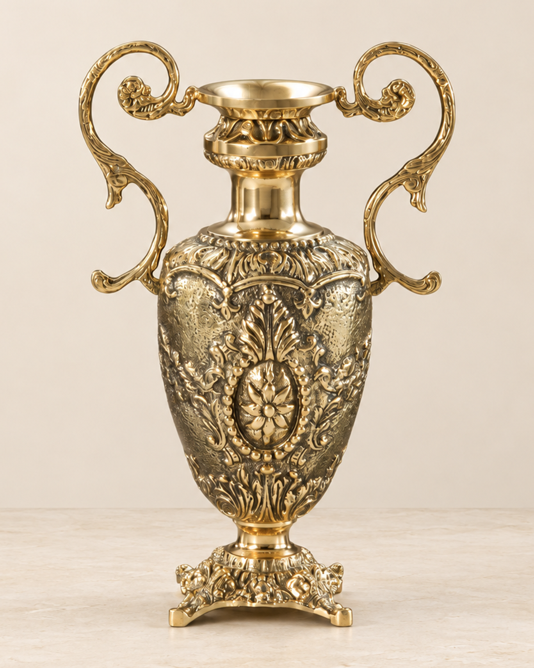 Twin-Handled Decorative Vase with Floral Medallion