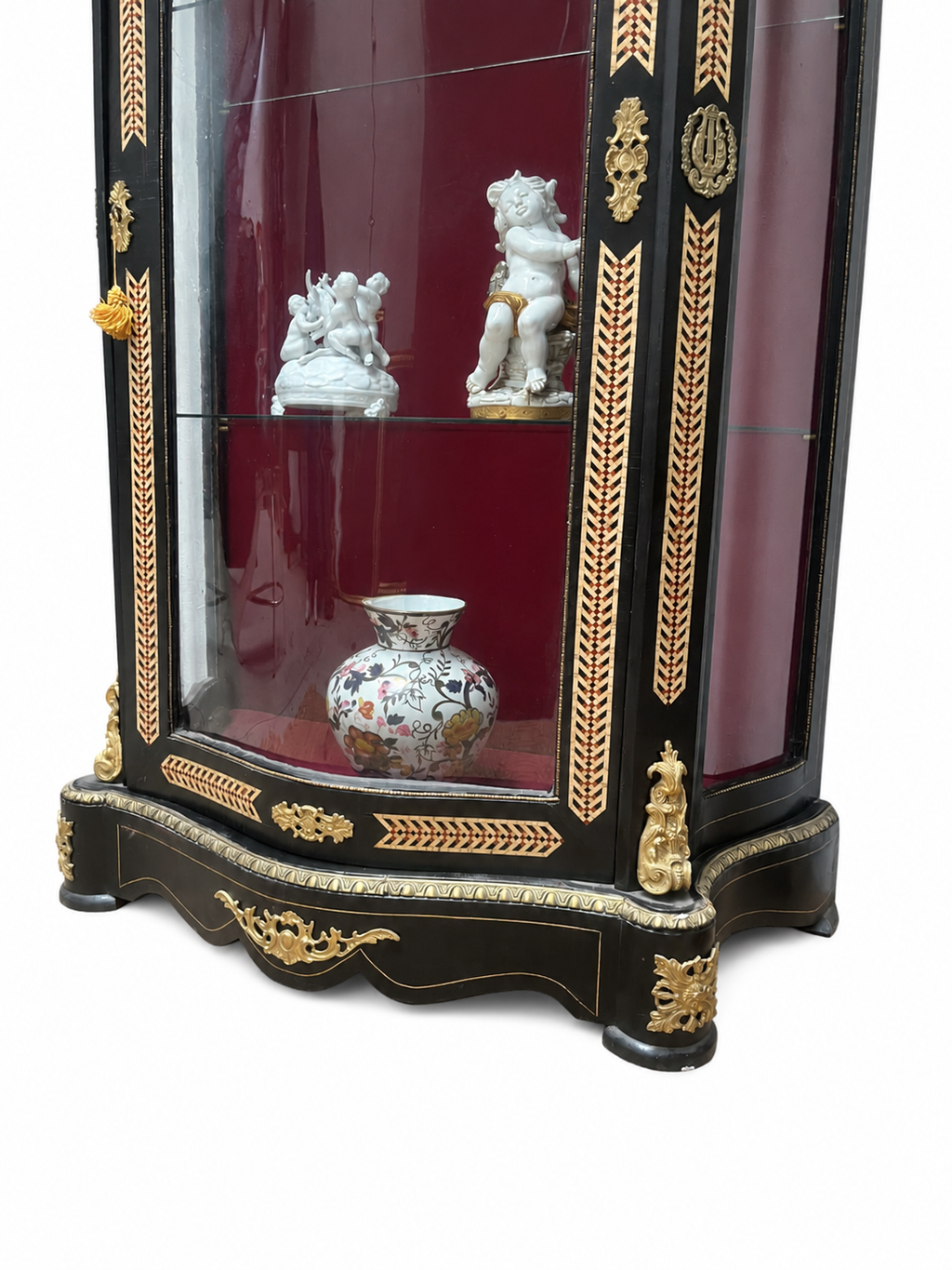 Napoleon III Marquetry Display Cabinet — original lower cabinet detail; display ornaments not included