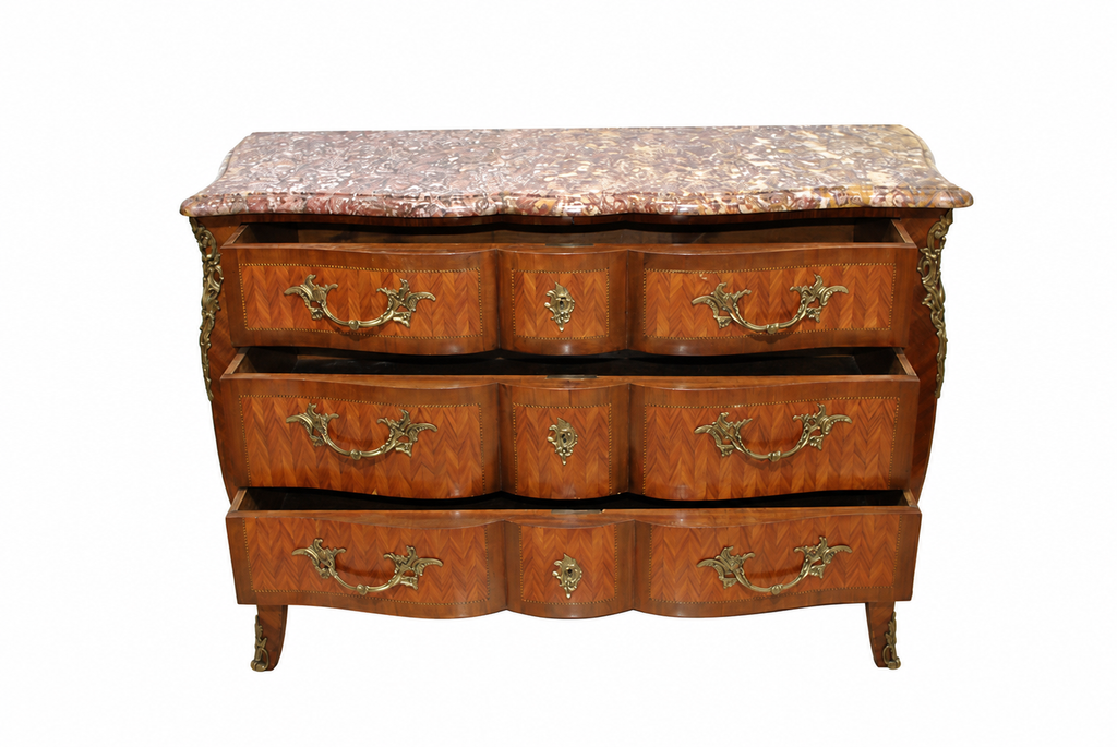 Louis XV-Style Walnut Chest with Shaped Marble Top — original open drawers