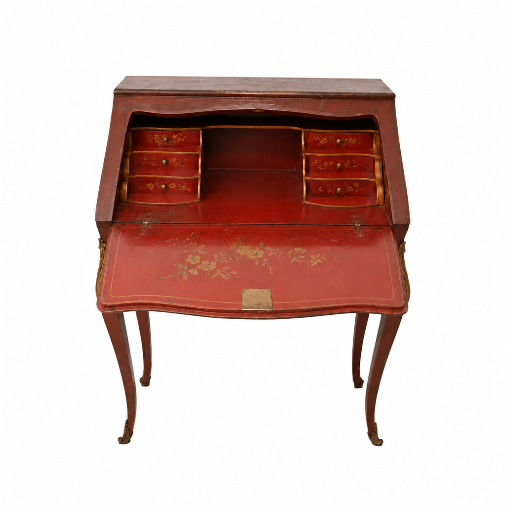 Red Chinoiserie Fall-Front Writing Desk — original open writing compartment