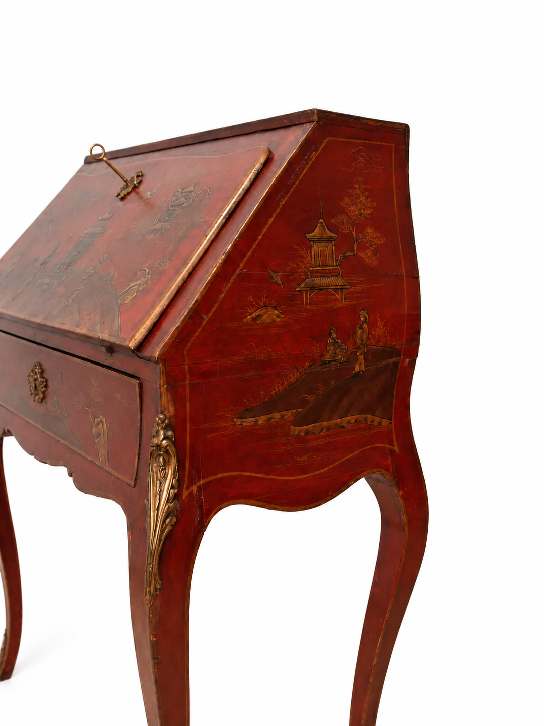 Red Chinoiserie Fall-Front Writing Desk — original painted side detail