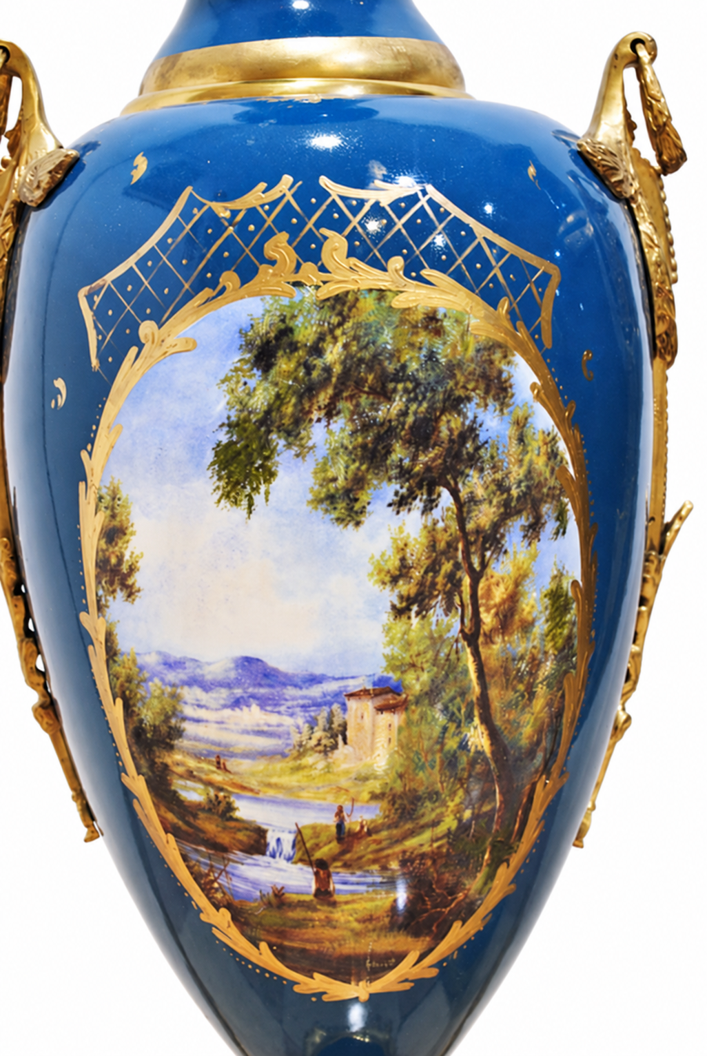 Pair of Monumental Blue Porcelain Vases with Mythological Scenes — original reverse painted landscape