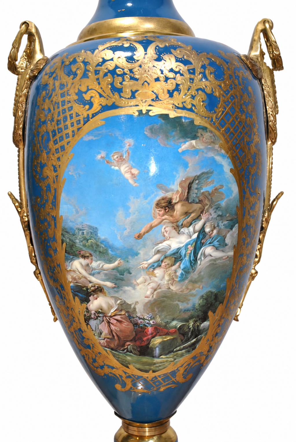 Pair of Monumental Blue Porcelain Vases with Mythological Scenes — original front painted scene
