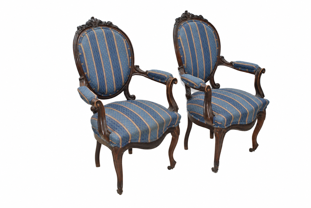 Pair of Isabelino Walnut Armchairs with Blue Striped Upholstery — original oblique view of both armchairs