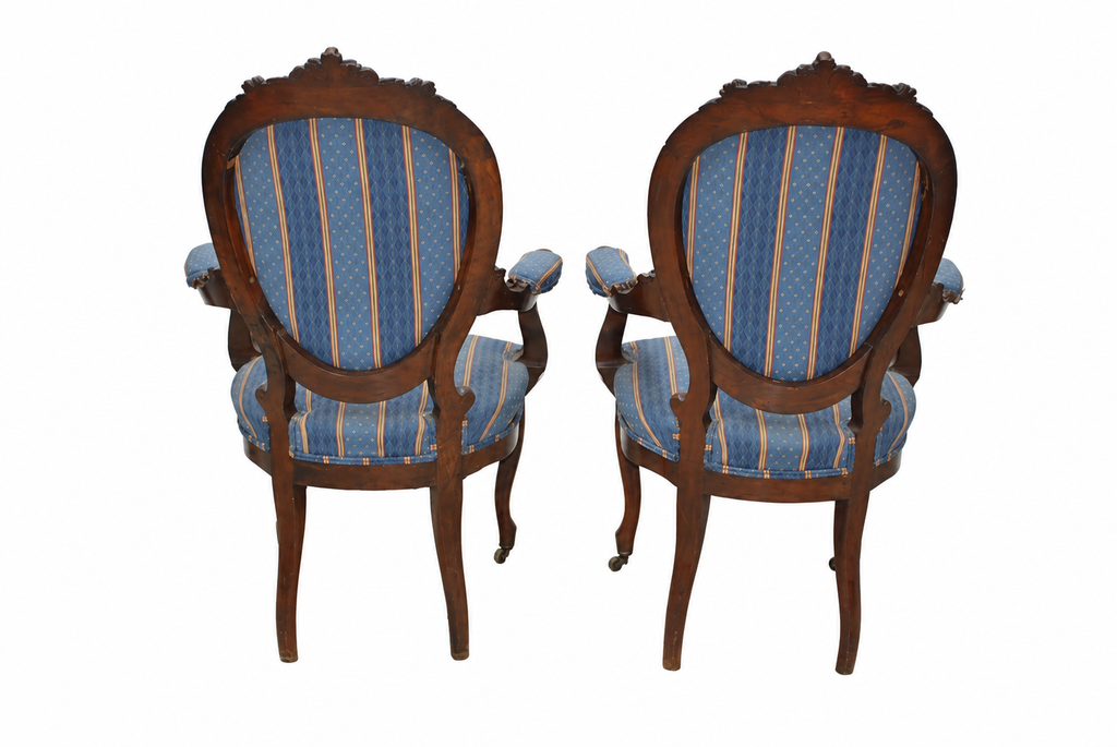Pair of Isabelino Walnut Armchairs with Blue Striped Upholstery — original rear of the pair