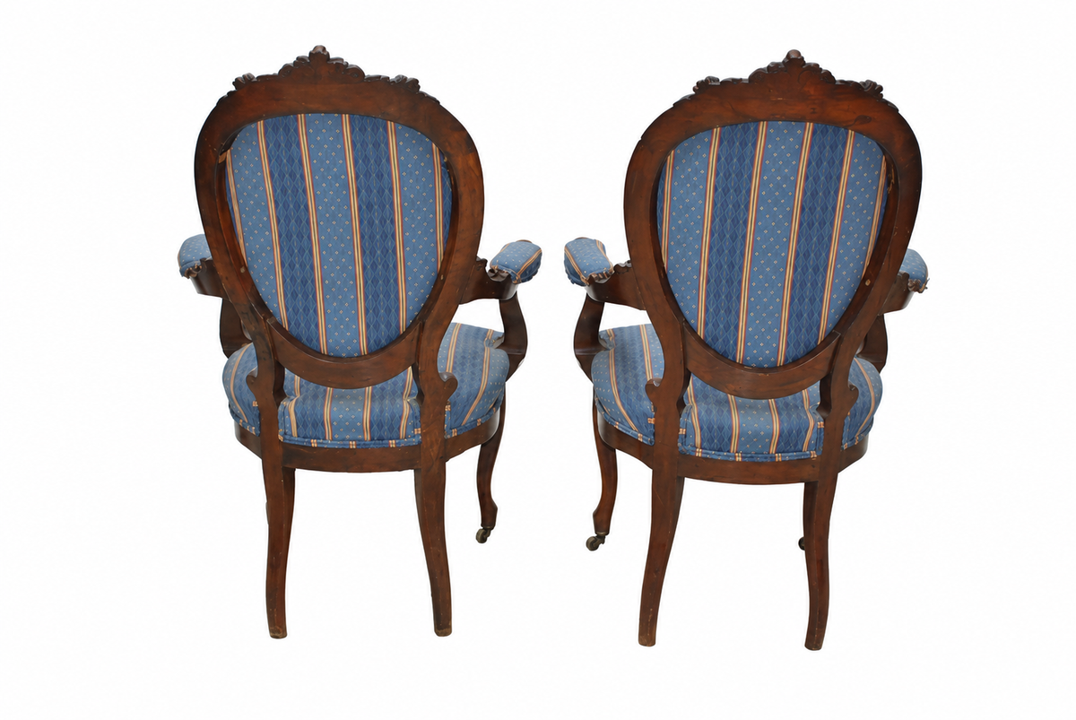 Pair of Isabelino Walnut Armchairs with Blue Striped Upholstery — original rear of the pair