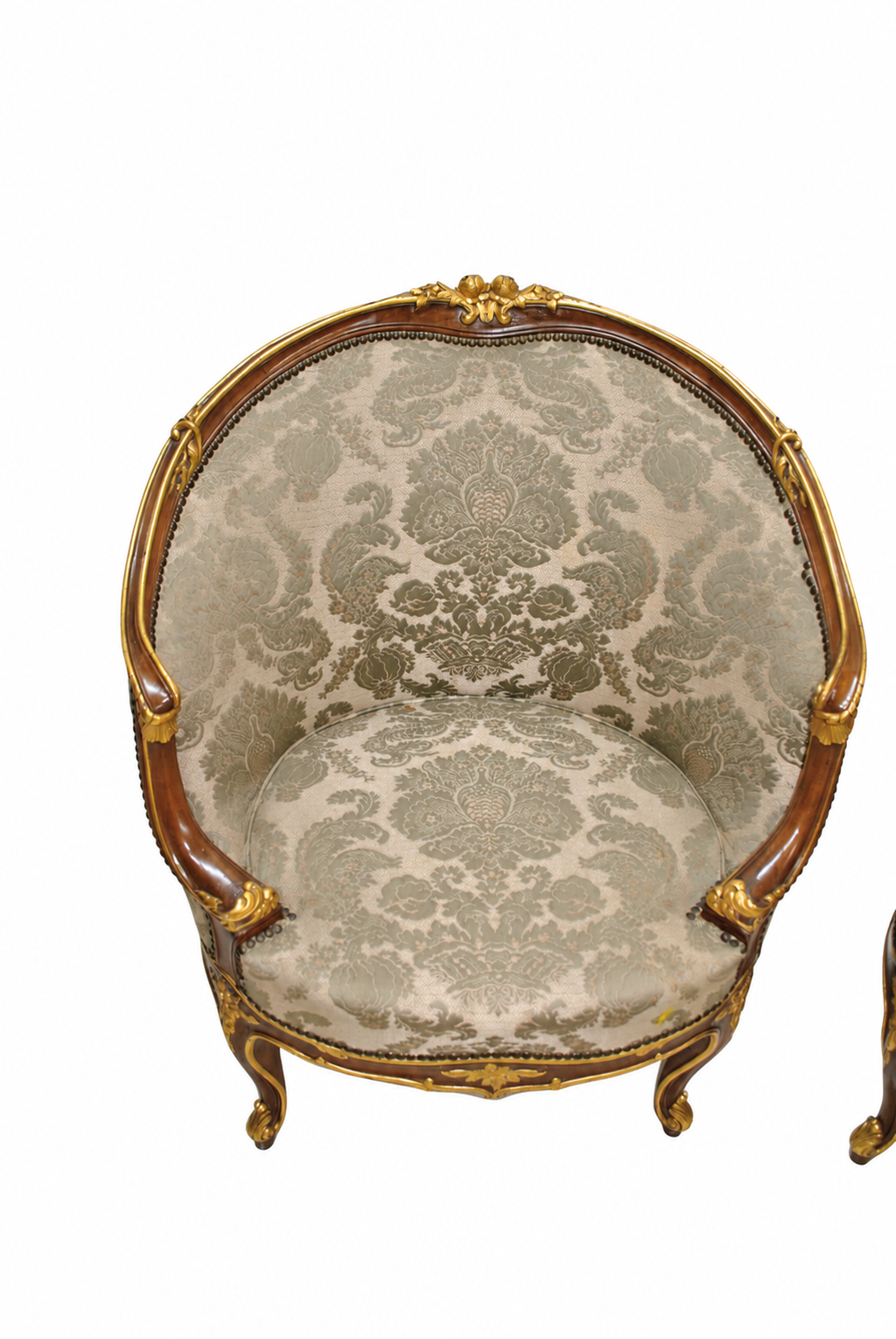 Pair of Louis XV-Style Gilt-Accented Damask Armchairs — original seat upholstery and frame condition