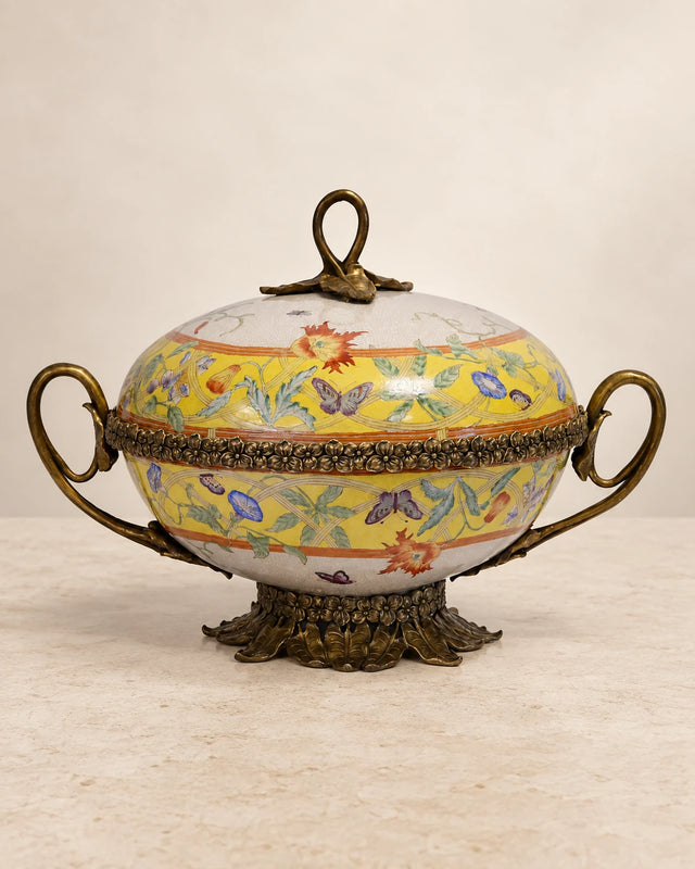 Yellow Floral Porcelain Covered Bowl