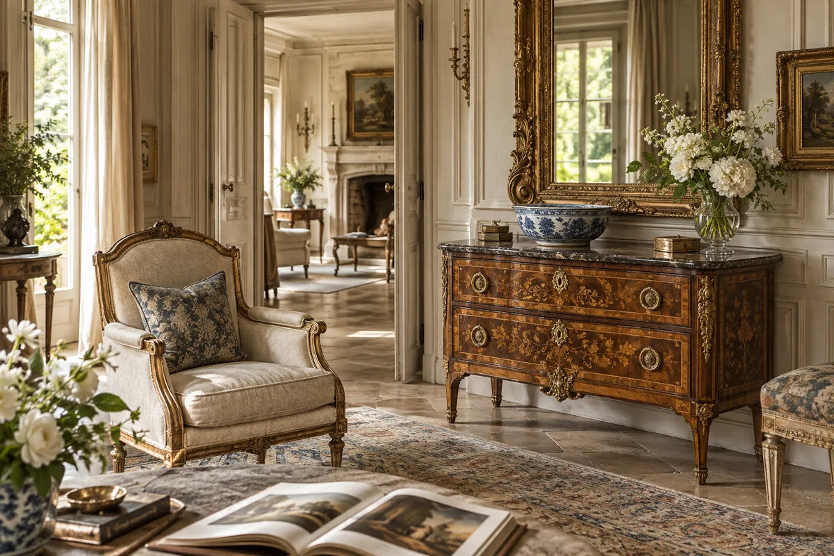 A sunlit European interior with period furniture and decorative art