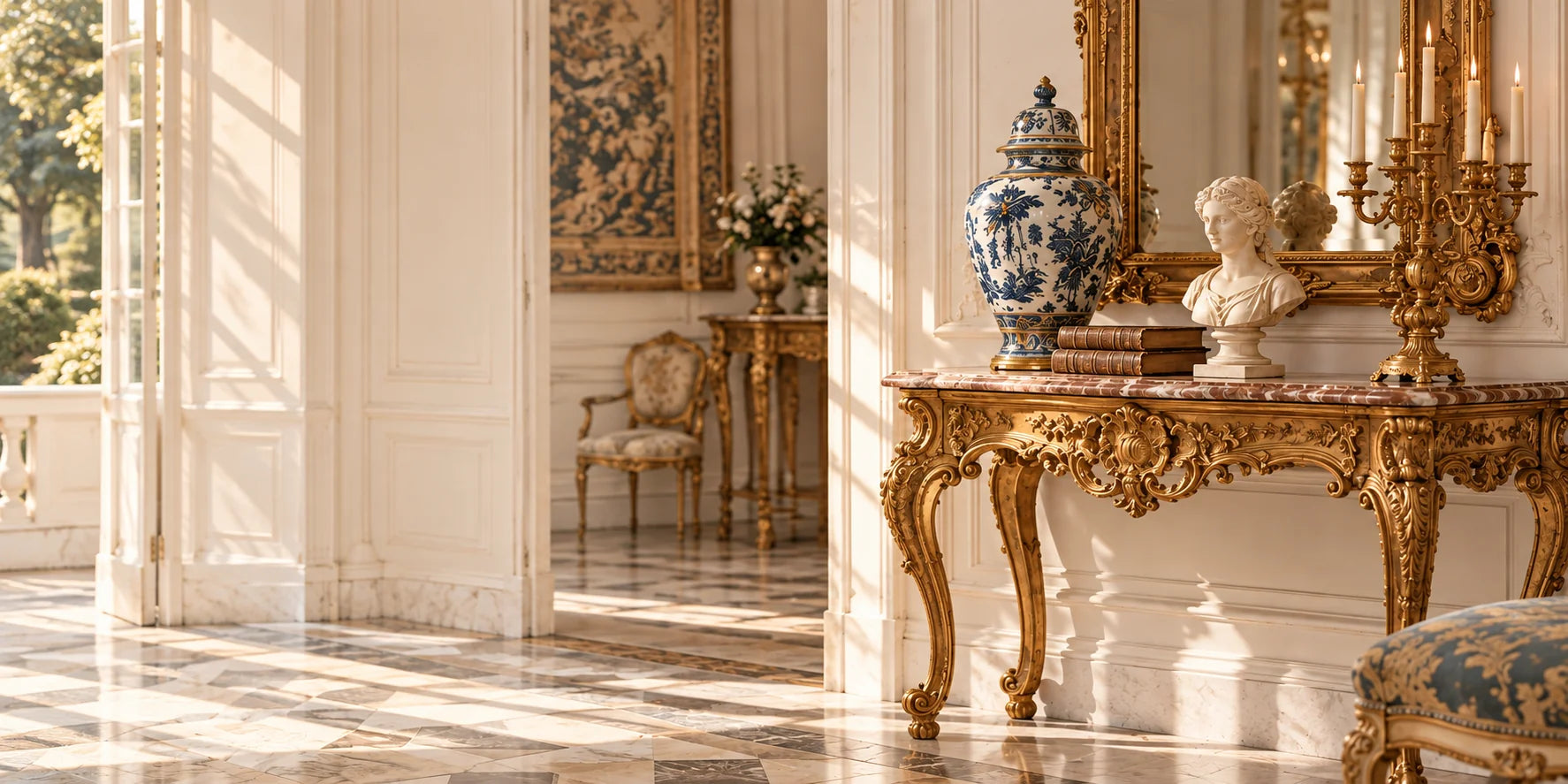 Afternoon light in an ivory French salon, with porcelain, marble sculpture and gilt decorative arts.